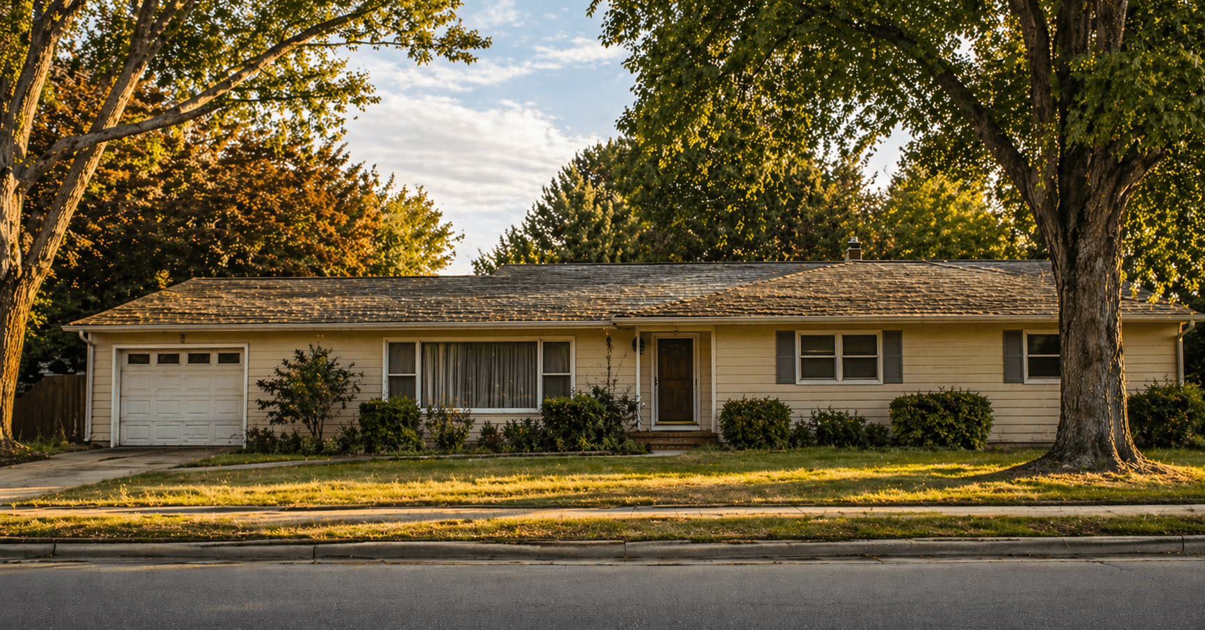 A mid-century Lexington ranch home on a quiet street at golden hour