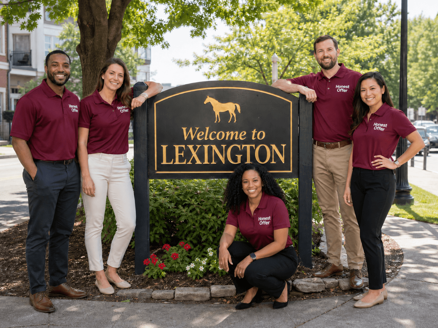 The Honest Offer team gathered at the Welcome to Lexington sign in downtown Lexington, Kentucky
